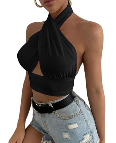 Rooscier Women's Sexy Crisscross Halter Cutout Sleeveless Backless Cami Crop Top3