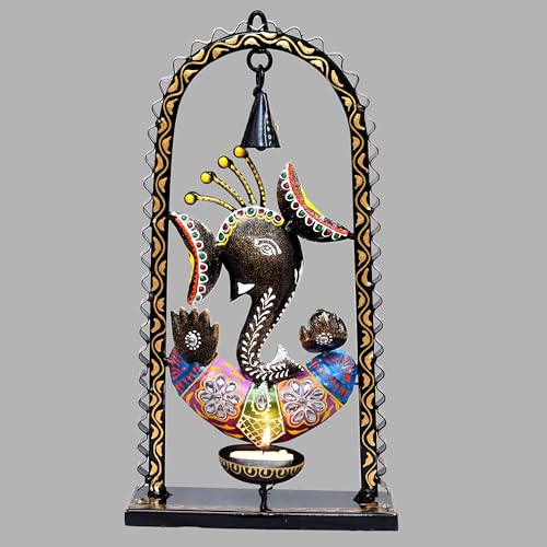 Image of KRAFTSKALA Ganesh Tea Light Candle Diya with Ringing Bell Decorative Metal Statue Showpiece for Living Room Home Decor, Tabletop, Diwali Gift