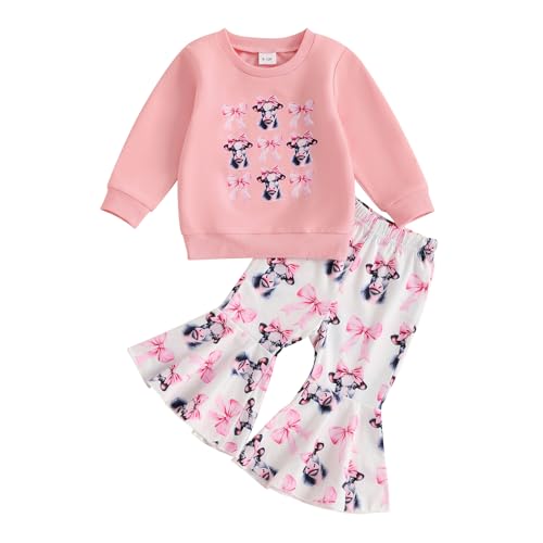Western Bell Bottom Outfits For Toddler Girls Fall Winter Clothes Cow Print Crewneck Sweatshirt Flare Pants Casual Set