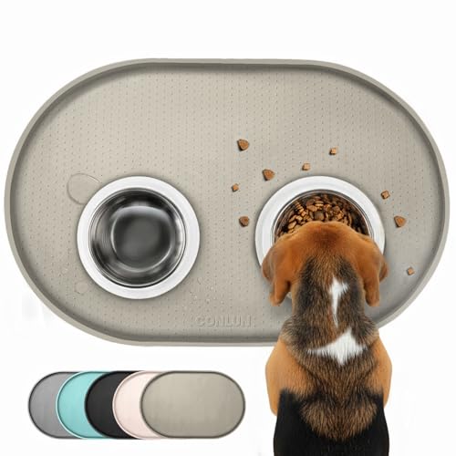 Conlun Tappetino Ciotola Cane, Tappetino Ciotole Gatto con Bordi Rialzati di 1,2 cm per Contenimento Degli Schizzi, Tappetino Silicone per Animali Senza BPA, Sottociotola per Cani(Taupe,48x30 cm)