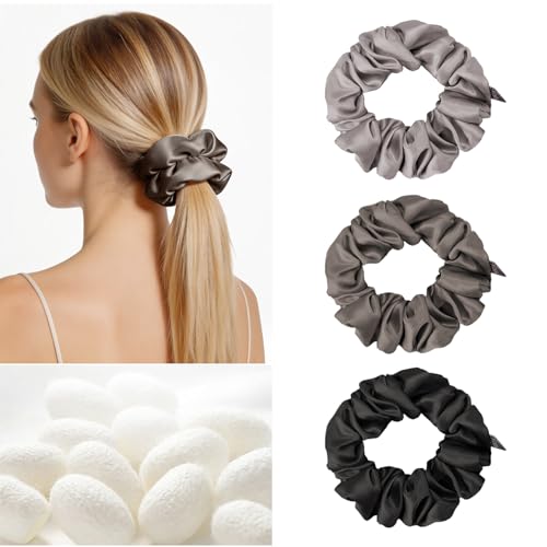 Image of THXSILK 100% Mulberry Silk Chunky Scrunchies 3-Pack, 25 Momme Thick Voluminous No Damage Hair Ties for Women, Medium Ponytail Holders for All Hair Types(Grey, Charcoal, Black)