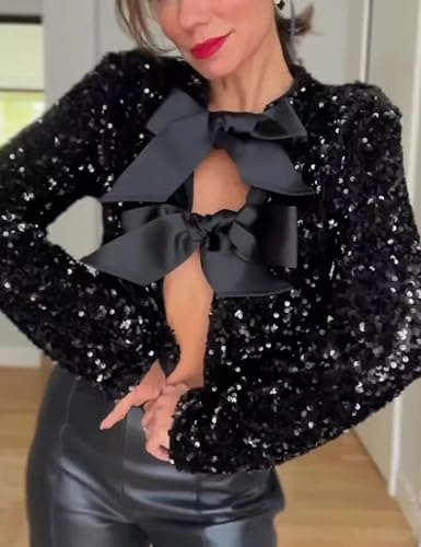 Women Tie-Front Sequined Jacket Long Sleeve Sparkling Cropped Top with Bow Party Concert Night(Black-L)3