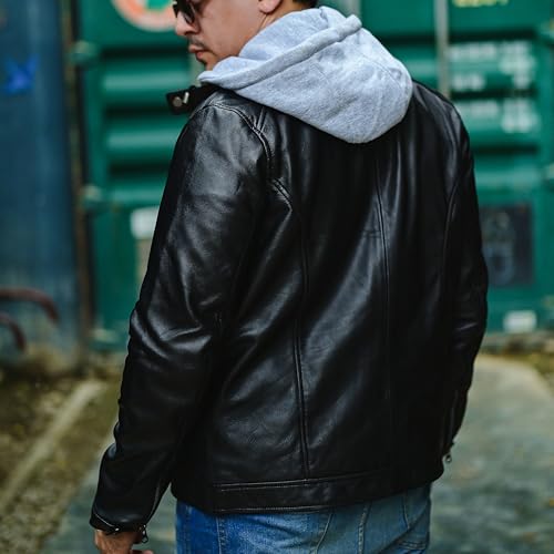 Image of Jild Hooded 2.0 Leather Jacket Men - Genuine Lambskin Leather Bomber Jacket with Removable Hood for Mens Fashion