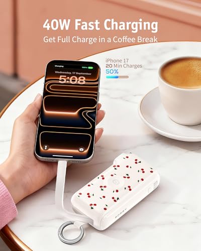 Image of RORRY Flow Portable Charger 10000mAh 40W Wall Plug Power Bank Battery Pack | Built-in USB-C Cable, Keychain Design, Fast Charging, for iPhone 17 /16 /15, Apple Watch, iPad, 3-in-1, Travel Essential