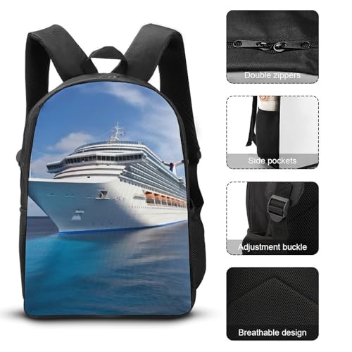 3 Piece Backpack for Women Men Lightweight Causal Daypack Shoulder Bag Set with Insulated Lunch Bag And Pencil Case Organizers Cruise Ship3