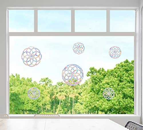 6 Pieces Mandala Window Clings - Anti-Collision Window Decals to Save Birds from Window Collisions,Non Adhesive Prismatic Vinyl Window Clings, Rainbow Stickers - Thumbnail 3