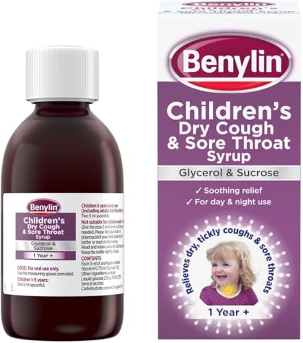 Benylin Childrens Dry Cough and Sore Throat Syrup (1x 125ml) Relieves Sore Throat Cough Medicine For Children Aged 1 Year + Suitable for Day and Night Use