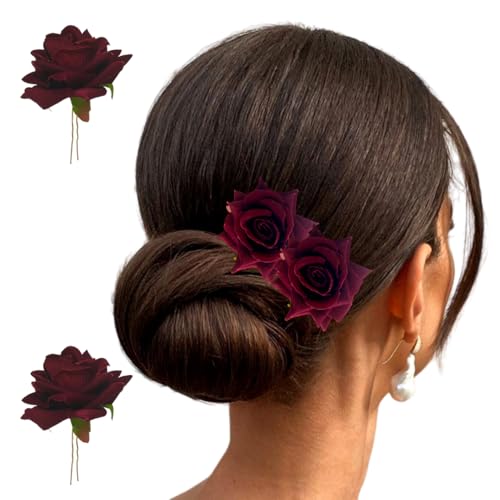 Image of Hair Flare Artificial Plastic & Metal Rose Flower with An Abundance of Petals Design Hairpin /Hair Clip /Judabun | Bridal Hair Accessories, Wedding, Festival for Women & Girls - 2700, Set of 2