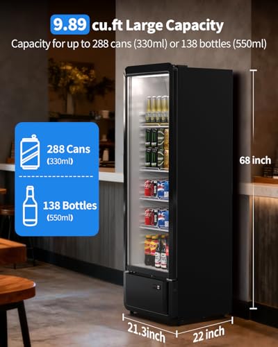 Image of Commercial Refrigerator with Glass Door, 9.89 Cu.Ft Display Beverage Fridge with LED Light, 4 Removable Shelves and Swivel Wheels, for Convenience Store, Restaurant, Office, Bar, ETL DOE NSF Certified