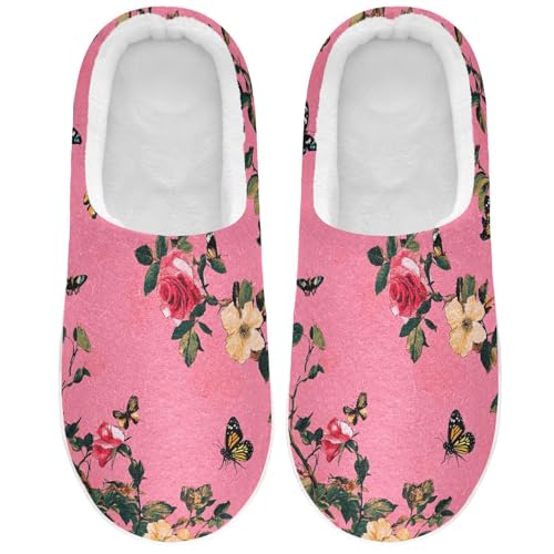 JUNZAN Aesthetic Rose Hot Pink Mens House Cotton Slipper Comfy Memory Foam Bedroom Shoes for Indoor Birthday Presents 6-7