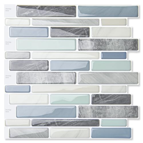 LONGKING Self-Adhesive Kitchen Backsplash, Marble Look Decorative Tiles (10 Tiles)