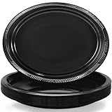 BONSINY Black Plastic Plates 12 inch x 10 inch- Oval Black Plates Disposable for Party Birthday Picnic BBQ Graduation Fathers Day (50 Count)