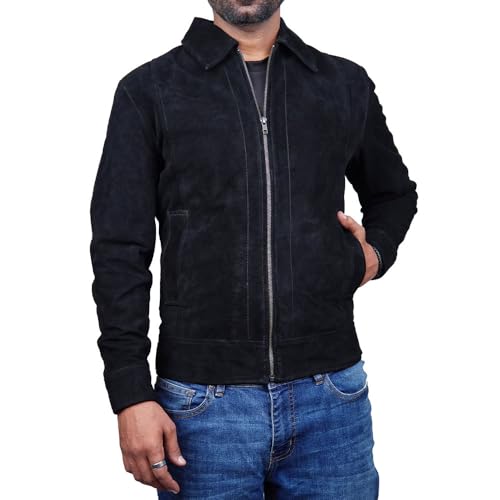 Image of Mens Polo Collar Zipper Suede Shirts Long Sleeve Shacket Suede Trucker Jacket Real Suede Leather Shirt