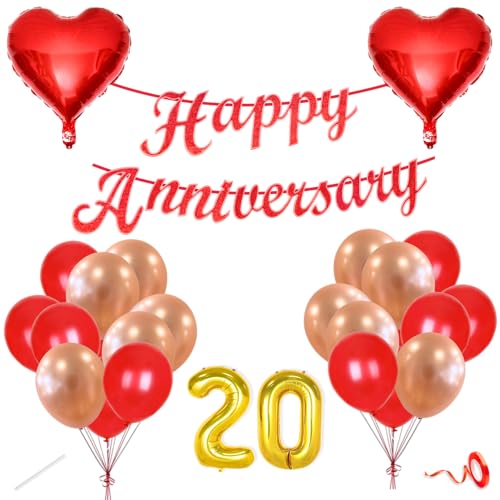 Image of Flyloons 20th Happy Anniversary Decoration Items Red Rose Gold for Men Women Husband Wife Mom Dad Parent Couple Home Bedroom Car With 20 Pcs Metallic Balloons Anniversary Banner 2 Pcs Heart Set Kit