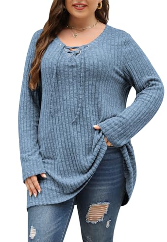 Image of Nemidor Women Plus Size Casual Tunic Top Drawstring V Neck Long Sleeve | 1X-5X plus, ribbed knit, long sweater, solid, semi-fitted flattering cut for curvy women, Fall, Winter, work, daily, dinner
