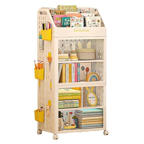 Beauenty Kids Bookshelf with Wheels & DIY Pegboard Foldable Standing Storage Shelf Kids Picture Book Shelf for Living Room Bedroom and School (White 2Tier)