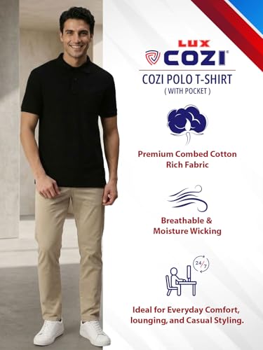 Image of Lux Cozi Men's Polo T-Shirt Regular Fit Half Sleeves with Pocket | Cotton Blend Polo Neck Collar T-Shirt for Men | Casual, Office Comfortable Breathable T-Shirt | Stylish Plain Tee