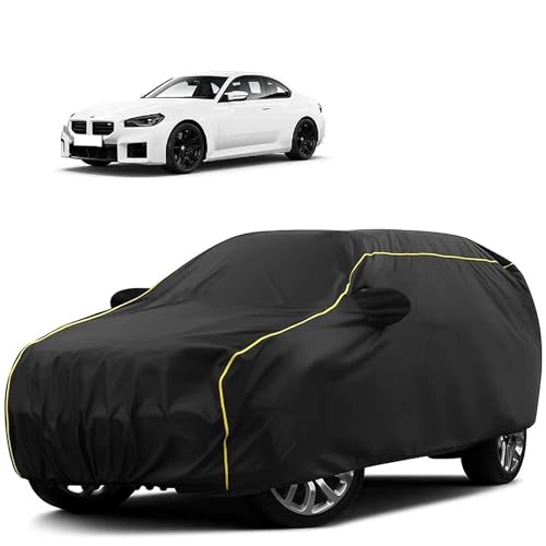 Image of Sulfar 100% Water Resistant Car Body Cover Compatible with Mirror for BMW M2 (Triple Stitched, Full Bottom Elastic, Black Tafetta with Yellow Piping)