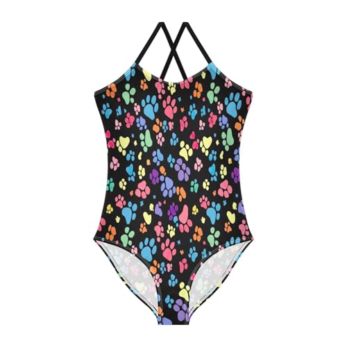 Colorful Cute Paw Prints Girl Swimsuit One Piece, Summer Beach Bathing Suits Girls, 3-10
