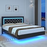 BarnFurin Floating Bed Frame with LED Lights, Upholstered Platform Bed with Diamond Tufted Headboard (Black, Full)