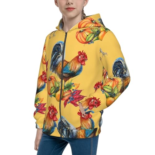 Watercolor Rooster Kids Pullover Hoodies Boys Zip Up Sweatshirts Girls Athletic Clothes with Pocket
