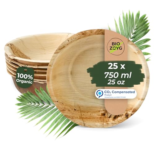 BIOZOYG 25x Cuenco de hoja de palma 750 ml redondo - Plato hondo desechable para sopa, cuenco para ensalada compostable - Vajilla de fiesta sostenible