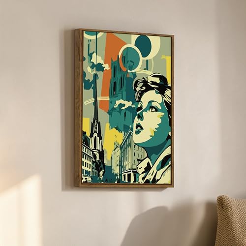 Image of Retro Woman Portrait Pop Framed Canvas Painting For Living Room | Abstract City Girl Wall Art For Livingroom Wall Decor, Home Decor, Bedroom, Hallway's, Office, Hotel - 43x58 cm