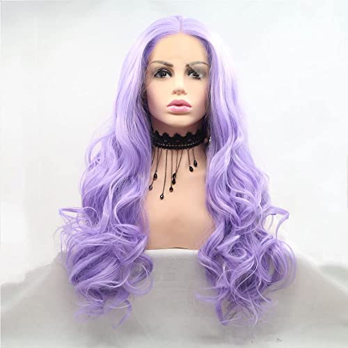 Xiweiya Lila encaje morado peluca delantera femenina suave ola peluca morada lavanda