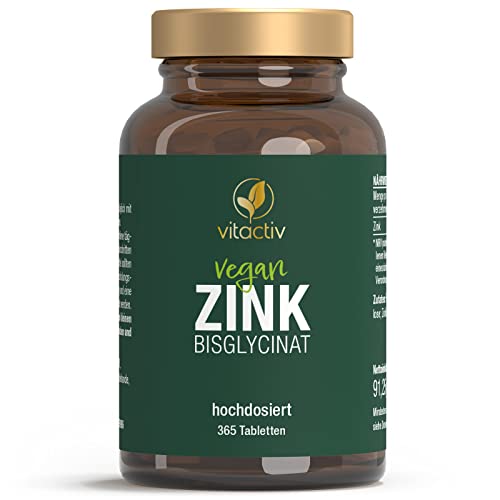 VITACTIV Zink 25 mg - Zink Tabletten mit Zinkbisglycinat - Für Immunsystem, Knochen, Haut, Haare, Nägel - Hochdosiert, Vegan, Hoch Bioverfügbar - Laborgeprüft, aus Deutschland - 365 Zinktabletten