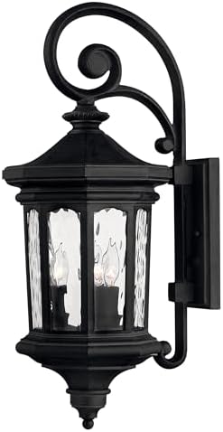 Hinkley Raley Large Wall Mount Outdoor Lantern, LEDs Included, Aluminum, Clear Water Glass Shade, Estate Series, Museum Black Finish