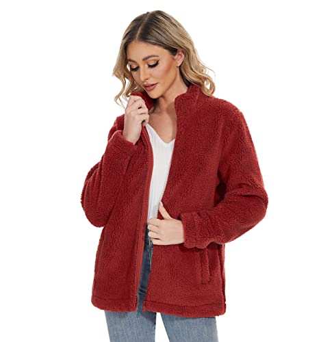 Magcomsen Teddy Coat For Women Autumn Warm Soft Zipper Sherpa Jacket Fluffy Faux Fur Jacket Zipper Pockets Orange Red L #TOP1
