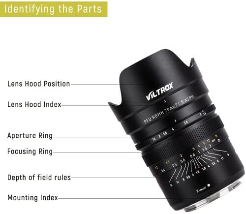 Diagram showing labeled parts of the Viltrox 20mm f/1.8 lens: Lens Hood Position, Lens Hood Index, Aperture Ring, Focusing Ring, Depth of Field Rules, and Mounting Index.