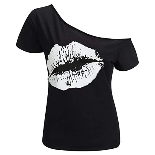 MAGICMK Women’s Short Sleeve Tops Lips Print Causal Offer The Shoulder T-Shirt Tops (Black+White1, 4XL)
