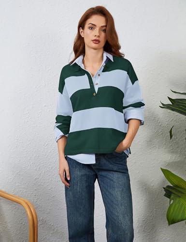 Image of Womens Striped Sweater Rugby Polo Shirts Y2k Collar Pullover Tops | Rugby Shirt,Long Sleeve Knit Top,Lapel V Neck Jumper,Oversized,Casual Outings Streetwear,Preppy Sweater,Fall Winter Clothes