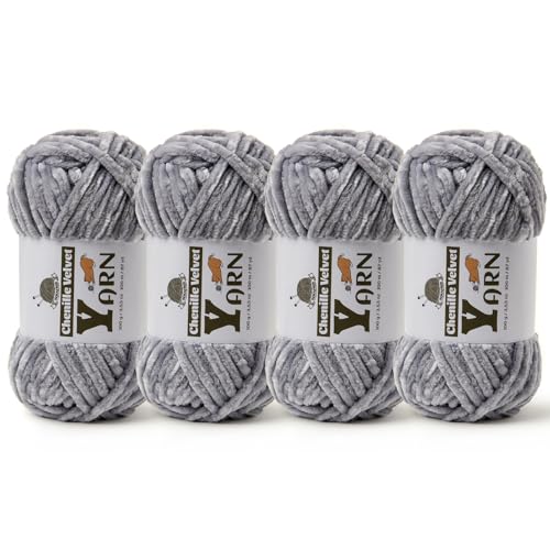Image of 4 Pack Plush Chenille Chunky Yarn - Fluffy Velvet Yarn Crochet for Blanket Knitting and Crocheting - Soft Baby Yarns for Crocheting - Amigurumi Crochet Yarns 100g (87yds) (4 Light Gray)