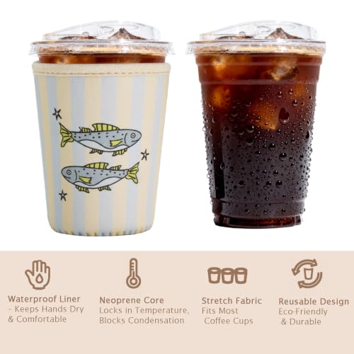 Image of Reusable Insulated Sleeve for Iced Coffee Cup, Coffee Neoprene Sleeve for Cold & Hot Drinks, Beverage Holder for Iced Coffee (Fish Stripes, Medium: 22-24oz)