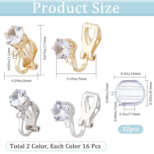 SOFPLATE 1 Box 32Pcs Gold Earring Converter Silver Earrings Clip Back Brass Non Pierced Triangle Earring Component with Crystal Rhinestone and Pads Clip on Earring Findings for jewellery Making Suppli - Image 2