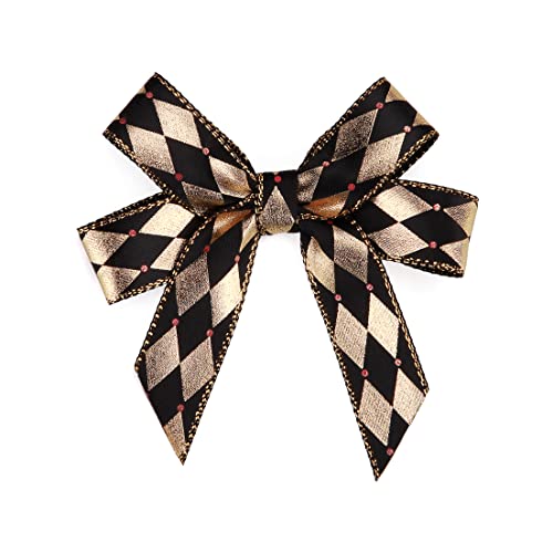 Meseey Diamond Checkered Ribbon 10 Yards 5/8 Inch Wide Black Satin Ribbons With Gold Printed Gift Ribbon For Birthday Gift Wrapping Craft Hair Bows Mardi Gras Party Supplies #TOP1