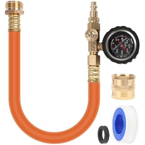 GreceYou RV Winterizing Kit with Oil Pressure Gauge & Control Valve, 17'' RV Winterizing Hose with 3/4" Blow Out Adaptor & 1/4" Quick Connect Plug, Sprinkler Blowout Adapter Kit for RV Camper Boat Cover