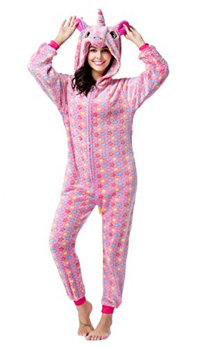 CozofLuv Pijama Animal Unicornio Entero para Adultos Pijama Mono Animal para Mujer Hombre Disfraz para Navidad con Capucha Invierno Franela (Estrella Rosa, M)
