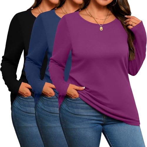 3 Pack Women's Plus Size Cotton Shirts, Scoop Neck Long Sleeve Casual Tops Form Fitting Knitted T-Shirts Blouses