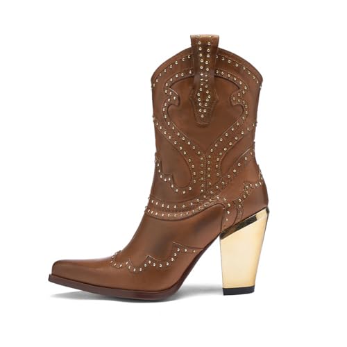 Tsrenlmln Cowboy Boots for Women Western Boots with Chunky Heel - Stylish Sharp tip rivet Boots for Women golden heel3