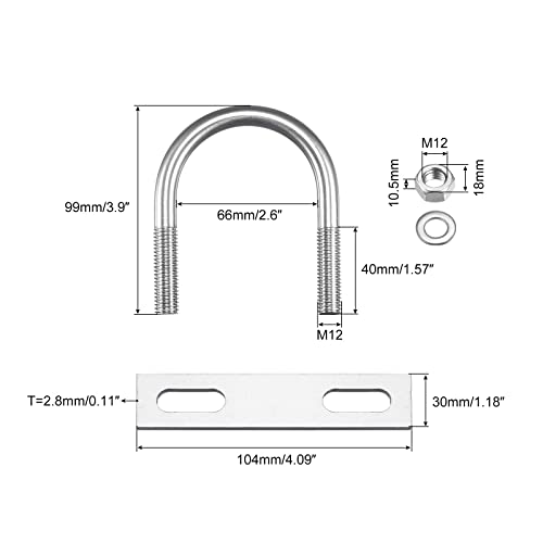 Image of uxcell Round U-Bolts, 66mm(2.6 inch) Inner Width 99mm Length M12 304 Stainless Steel U Clamp Bolt with Nuts Washers and Plates, for Boat Trailer