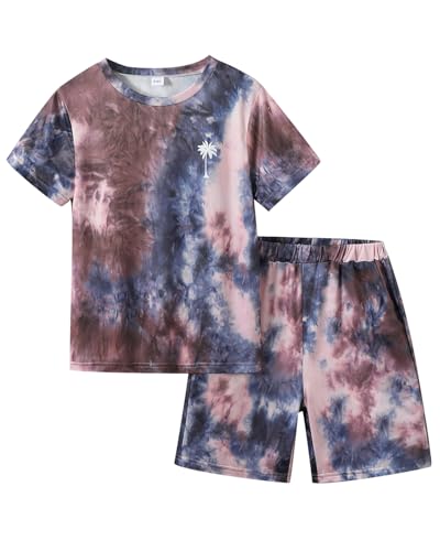 Image of Kid Toddler Baby Boys Clothes Tie-dye Palm Leaf Top 2Pcs Summer Shorts Set