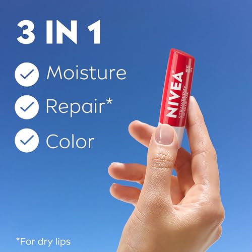 NIVEA Strawberry Lip Care, Red Tinted Lip Balm Pack with Shea Butter, Nourishing Oils and Vitamin C & E, 3-in-1 Moisture, Repair and Color, 0.17 Oz Stick, Pack of 4