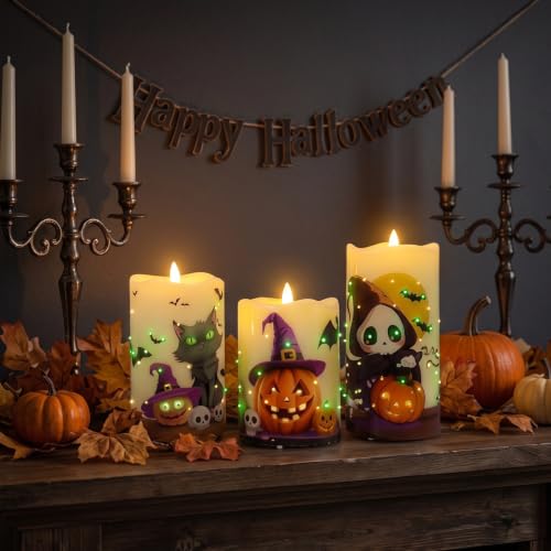 Image of Halloween Flameless Candles, Battery Operated Candles with Remote | Fiber Optic Flameless Pillar Candles Set Of 3 For Halloween Decorations Indoor