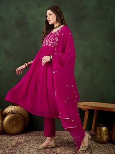 Image of SheWill Kurta Set for Women - Maroon Velvet Zari Sequence Cording Embroidered Kurta with Pant and Cutwork Organza Dupatta