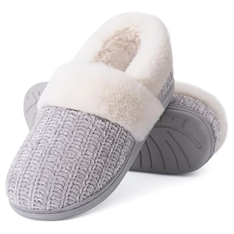 Evshine Women's Fuzzy Memory Foam Closed Back Slippers Chenille Knit Fleece Lined House Shoes, Grey, 38-39 (Size 7-8) Cover