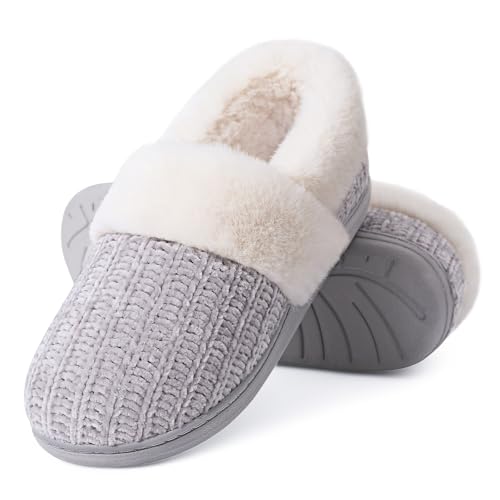 Evshine Women’s Fuzzy Memory Foam Closed Back Slippers Chenille Knit Fleece Lined House Shoes