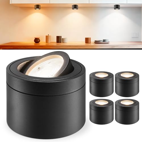 Laiebri 4x Faretti LED da superficie neri - Extra piatti, orientabili a 30°, Ø80 x 60 mm - Modulo LED 6W 600 lm incluso, 230 V, 2700 K/4000 K/6500 K, dimmerabili - Faretti da superficie